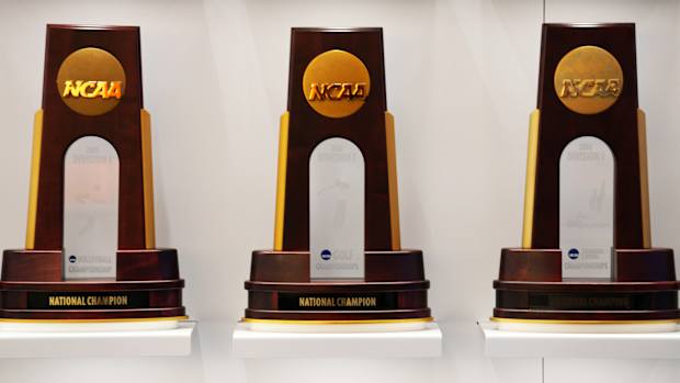 NCAA team champion trophies at Darrell K Royal Texas Memorial Stadium.